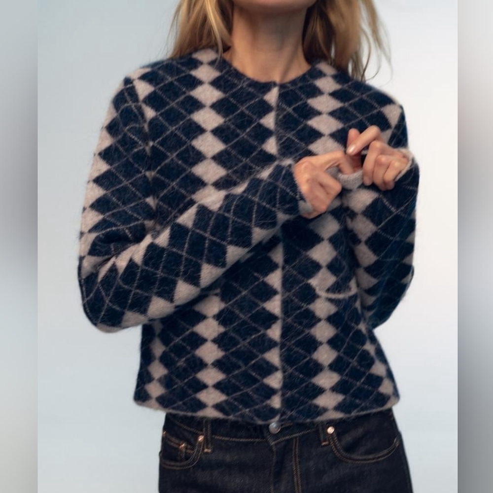 NWT Zara Argyle Knit Diamond Jacquard Bluecand Beige Cardigan